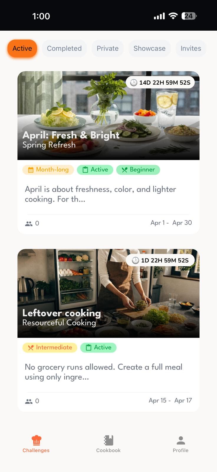 CookOff food challenge ideas showing themed cooking rounds with different categories