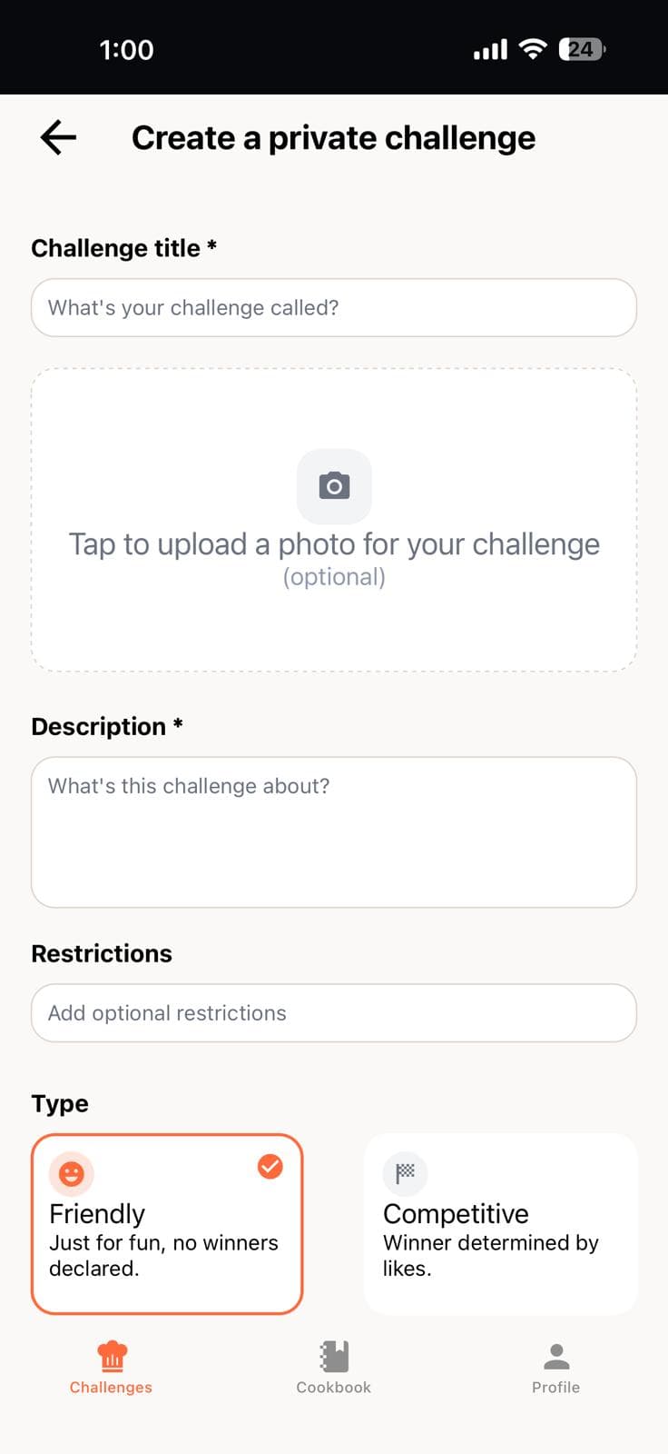 CookOff private cook off challenge screen showing an invite-only cooking competition between friends
